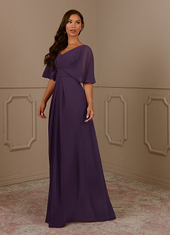 Azazie Oksana Mother of the Bride Dresses Plum A-Line V-Neck Pleated Chiffon Dress image1