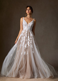 Azazie Sorella Wedding Dresses Diamond White Caramel A-Line V-Neck Sequins Tulle Dress image1