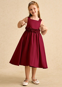 Azazie Peaches Flower Girl Dresses Burgundy A-Line Bow Matte Satin Dress image4
