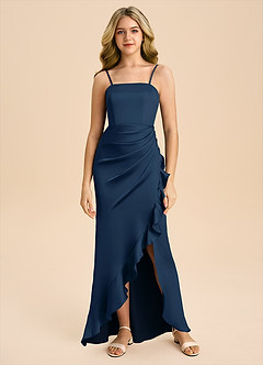 Azazie Buzzy Junior Dark Navy Sheath Pleated Stretch Satin Dress image3