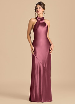 Azazie Velli Robes de demoiselle d'honneur Robe Fourreau en Satiné métallisé Col Haut Rose Du Désert image2