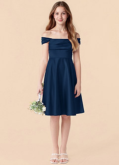 Azazie Amira Junior Dark Navy A-Line Pleated Stretch Satin Dress image6