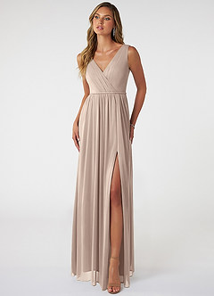 Azazie Tanicia Bridesmaid Dresses Taupe A-Line V-Neck Pleated Mesh Dress image1