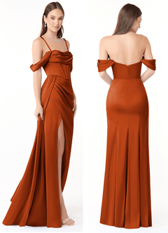 Azazie Amyra Vestidos de damas de honor Vestido de Naranja Quemada de Satén Elástico de Corte Recto Convertible con Vestidos sin tirantes image8