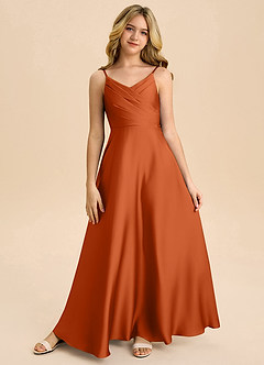 Azazie Bug Junior Burnt Orange A-Line Pleated Stretch Satin Dress image5