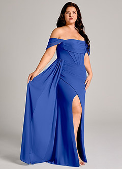 Azazie Amyra Bridesmaid Dresses Royal Blue Sheath Off the Shoulder Chiffon Convertible Dress image12
