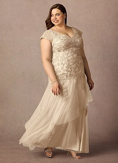 Azazie Romy Mother of the Bride Dresses Champagne Mermaid V-Neck Sequins Tulle Dress image10