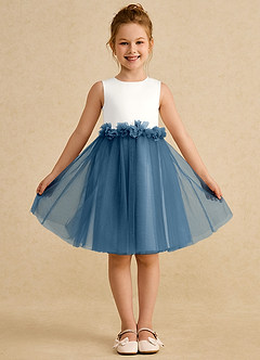 Azazie Louisa Blumenmädchenkleider A-Linie ärmellos Tüll Kleid Elfenbein Bermudablau image1