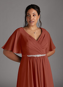 Azazie Tricia Kleider für die Brautmutter A-Linie V-Hals Gefaltet Chiffon Kleid Rotbraun image2