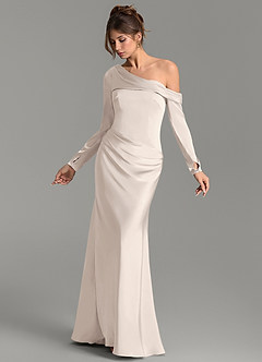 Azazie Sandra Bridesmaid Dresses White Alabaster Mermaid Long Sleeve Stretch Satin Dress image3