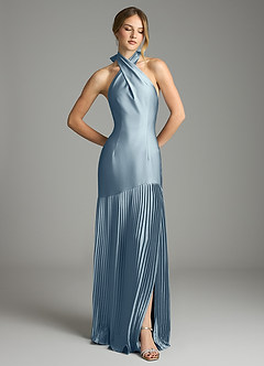 Azazie Nayeli Jurken voor bruidsmeisjes Jurk van Stretch Satijn met A-Lijn Geplooid Stoffig Blauw image3