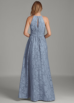Azazie Bonnie At-home Try On Dresses Dusty Blue A-Line Pleated Floral Burnout Dress image2