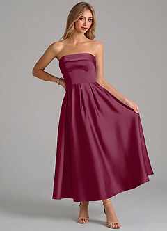 Azazie Lucienne 신부 들러리 드레스 A라인 주름진 스트레치 새틴 발목 길이 드레스 image5