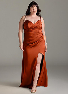 Azazie Yola Bridesmaid Dresses Paprika Sheath V-Neck Pleated Stretch Satin Convertible Dress image17