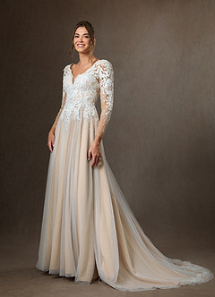 Azazie Essy Wedding Dresses Diamond White Champagne A-Line V-Neck Sequins Tulle Dress image1