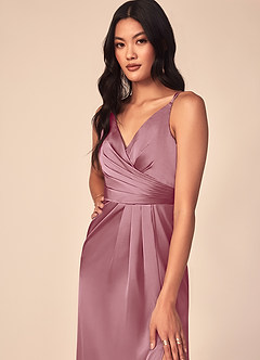 Azazie Aqua Bridesmaid Dresses Vintage Mauve A-Line V-Neck Pleated Stretch Satin Dress image6