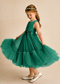 Azazie Miracle vestidos de niña de las flores Vestido de Esmeralda de Satin Mate de Corte En A con Lazo image1