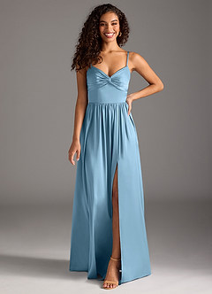 Azazie Zeya Bridesmaid Dresses Steel Blue A-Line Pleated Stretch Satin Dress image8