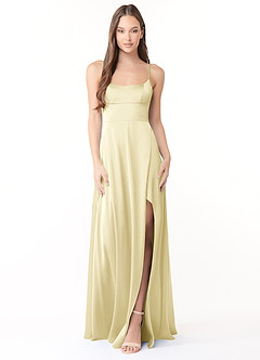 Azazie Halsey Final Sale Lemon Sorbet A-Line Side Slit Stretch Satin Dress image1