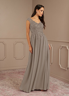 Azazie Amethyst Mother of the Bride Dresses Taupe A-Line V-Neck Sequins Chiffon Dress image5