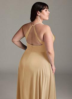 Azazie Davis Bridesmaid Dresses Gold A-Line Pleated Stretch Satin Dress image12