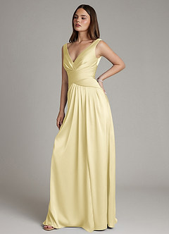 Azazie Pauline Bridesmaid Dresses Lemon Sorbet A-Line Pleated Stretch Satin Dress image7