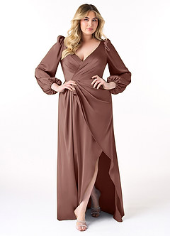 Azazie Mel Robes de demoiselle d'honneur Robe Fourreau en Satin extensible Manche longue Expresso image7