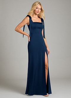 Azazie Frostine Bridesmaid Dresses Dark Navy A-Line Bow Stretch Satin Dress image5