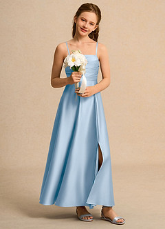 Azazie Pebbles Girls Formal Flower Girl Dresses Powder Blue A-Line Pleated Matte Satin Dress image6