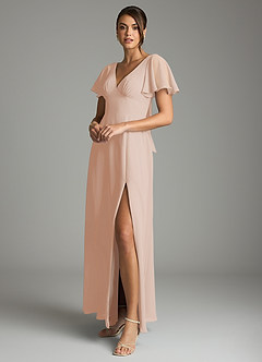 Azazie Kimber Vestidos de damas de honor Vestido de Rosa Inglesa de Gasa de Corte en A con Manga volante image5