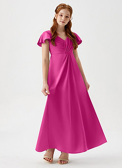Azazie Soren Junior Fuchsia A-Line Ruched Stretch Satin Dress image3