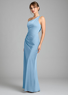 Azazie Madelyn Bridesmaid Dresses Powder Blue Mermaid One Shoulder Stretch Satin Convertible Dress image6