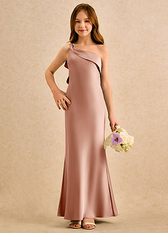 Azazie Almond Girls Formal Blumenmädchenkleider Etui One-Shoulder Stretch-Satin Kleid Roségold image4