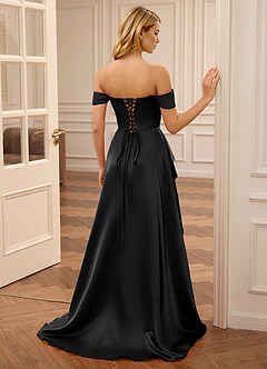 Juliedy Black Satin A-line Off-the-Shoulder Prom Dress image2