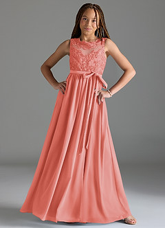 Azazie Elly Junior Coral A-Line Lace Chiffon Dress image3
