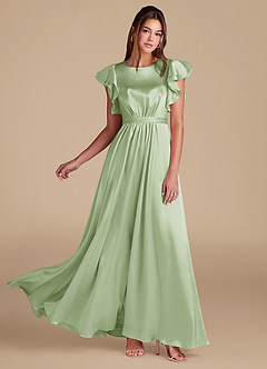 Azazie Daphne Modest Bridesmaid Dresses A-Line Ruched Metallic Satin Floor-Length Dress image1