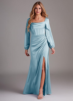 Azazie Charissa Robes de demoiselle d'honneur Robe Fourreau en Satin extensible Manche longue Bleu Ciel image1