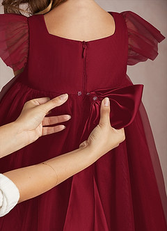 Azazie Kalio Flower Girl Dresses Burgundy A-Line with Sleeves Tulle Dress image4