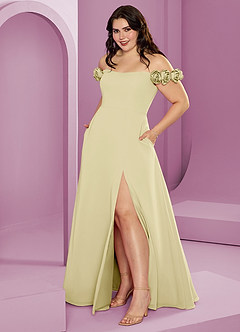 Barbie ♥ Azazie Suknie dla druhen Rozkloszowana szyfonowa sukienka z odkrytymi ramionami i kwiatowymi rozetkami image13