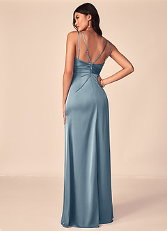 Azazie Aqua Bridesmaid Dresses Dusty Blue A-Line V-Neck Pleated Stretch Satin Dress image2