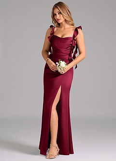 Azazie Jessamine Bridesmaid Dresses Burgundy A-Line Corset Stretch Satin Dress image1