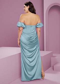 Barbie ♥ Azazie Robes de demoiselle d'honneur Robe Fourreau Convertible en Satin extensible Épaule décolletée Bleu Maussade image11