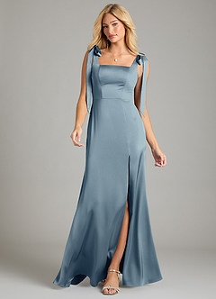 Azazie Frostine Bridesmaid Dresses Dusty Blue A-Line Bow Stretch Satin Dress image4