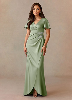 Azazie Robins Mother of the Bride Dresses Dusty Sage A-Line Pleated Stretch Satin Dress image1