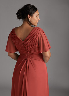 Azazie Emmeline Mother of the Bride Dresses Terracotta A-Line V-Neck Pleated Mesh Dress image10