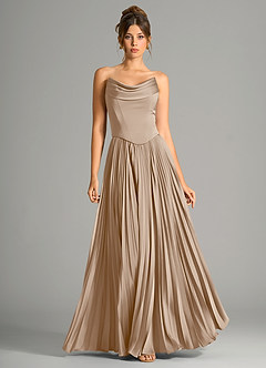 Azazie Saedra Bridesmaid Dresses Taupe A-Line Corset Stretch Satin Dress image5