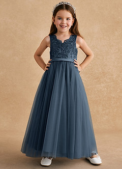 Azazie Cinna Abiti da Ragazza di Fiori Abito A-Line in Tulle Pizzo Blu Nettuno image1