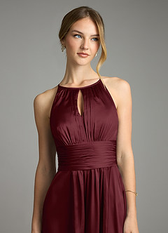 Azazie Bonnie Bridesmaid Dresses Cabernet A-Line Pleated Stretch Satin Dress image2