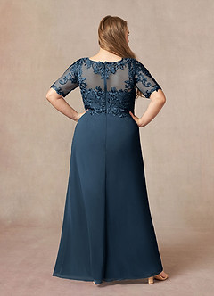 Azazie Amedeus vestidos de madre de la novia Vestido Azul Marino Oscuro de Gasa de Corte en A con Encaje cuello pico image7