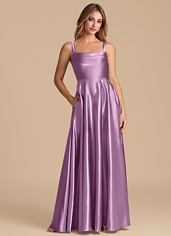 Azazie Shaude Bridesmaid Dresses Wisteria A-Line Pleated Metallic Satin Dress image1